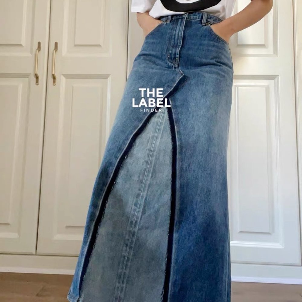 Distressed  Washed Patchwork Back Slit Denim Maxi Skirt SIZE 36